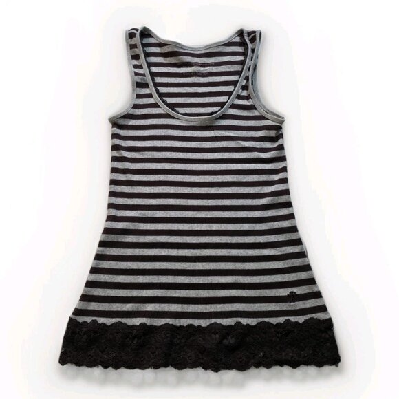 EDC by Esprit Top Women XL Gray Brown Sleeveless Lace Trim Stripe V Neck Y2K VTG - Picture 8 of 13